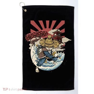 Cool Japanese Samurai Cat Neko Blue Wave Golf Towel