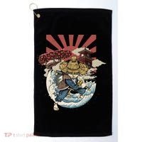 Cool Japanese Samurai Cat Neko Blue Wave Golf Towel thumb 0