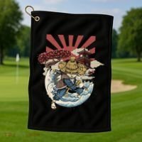 Cool Japanese Samurai Cat Neko Blue Wave Golf Towel thumb 1