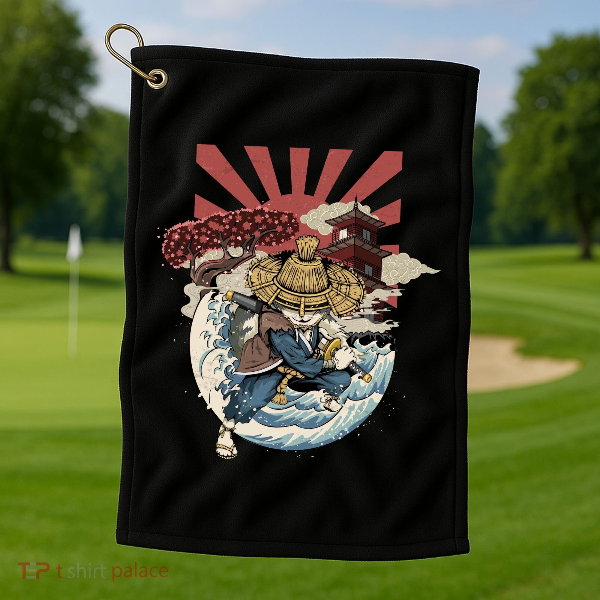 Cool Japanese Samurai Cat Neko Blue Wave Golf Towel