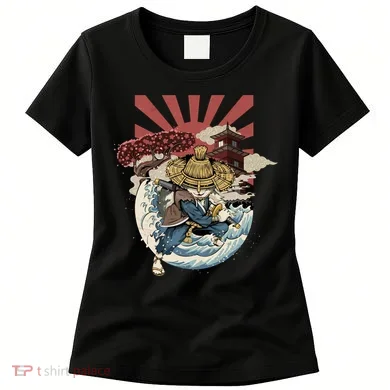 Cool Japanese Samurai Cat Neko Blue Wave Women's T-Shirt