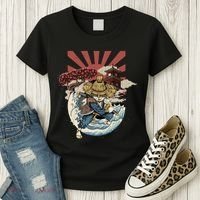 Cool Japanese Samurai Cat Neko Blue Wave Women's T-Shirt thumb 3