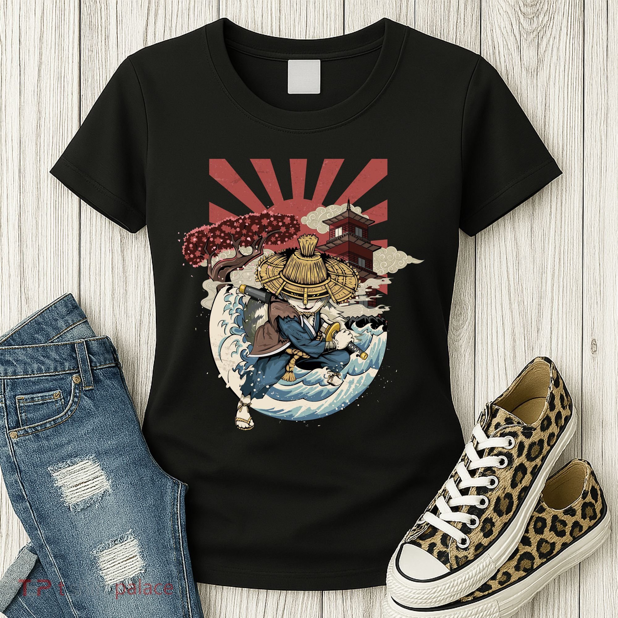 Cool Japanese Samurai Cat Neko Blue Wave Women's T-Shirt