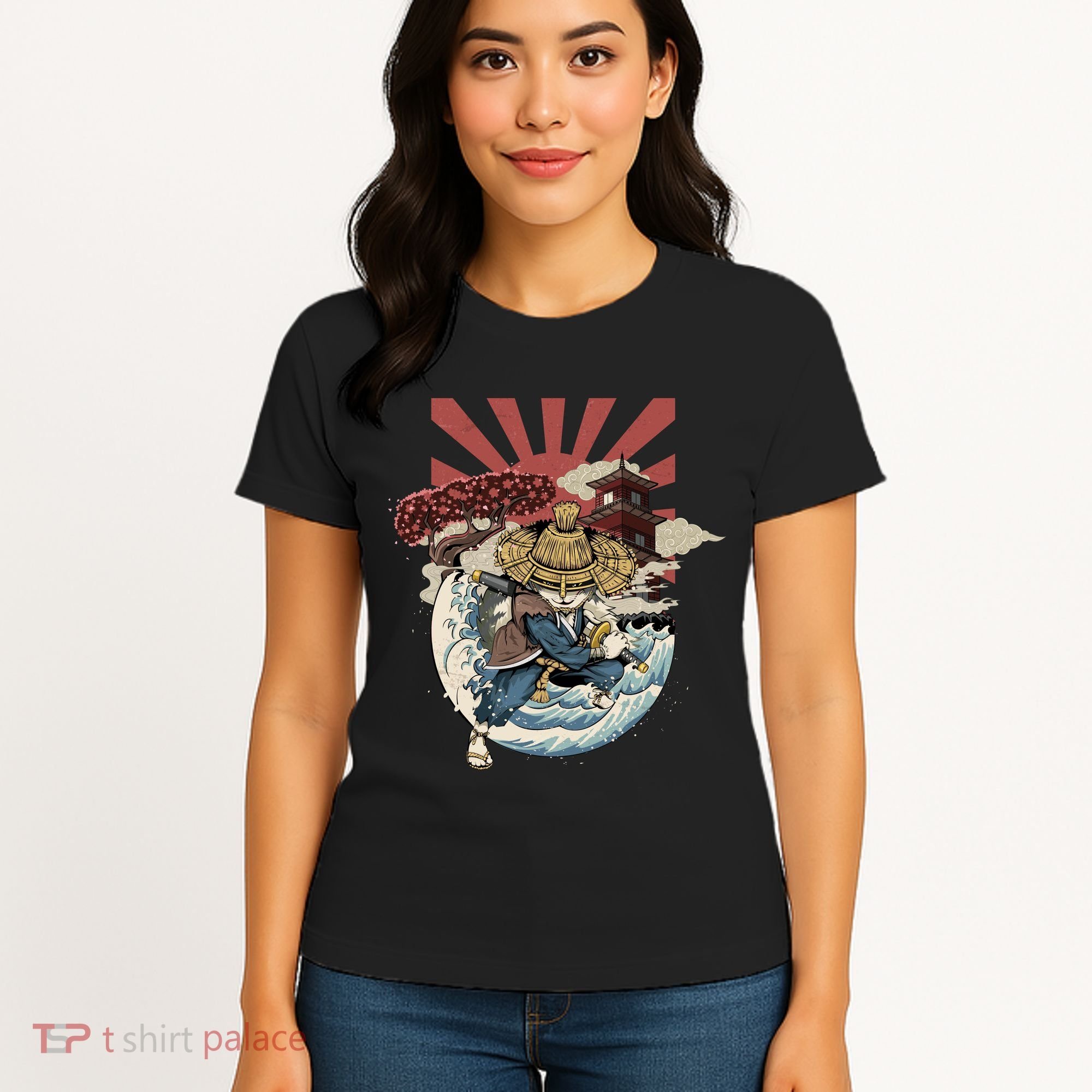 Cool Japanese Samurai Cat Neko Blue Wave Women's T-Shirt