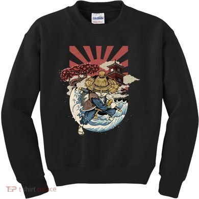 Cool Japanese Samurai Cat Neko Blue Wave Kids Sweatshirt