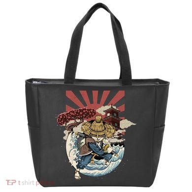 Cool Japanese Samurai Cat Neko Blue Wave Tote Bag