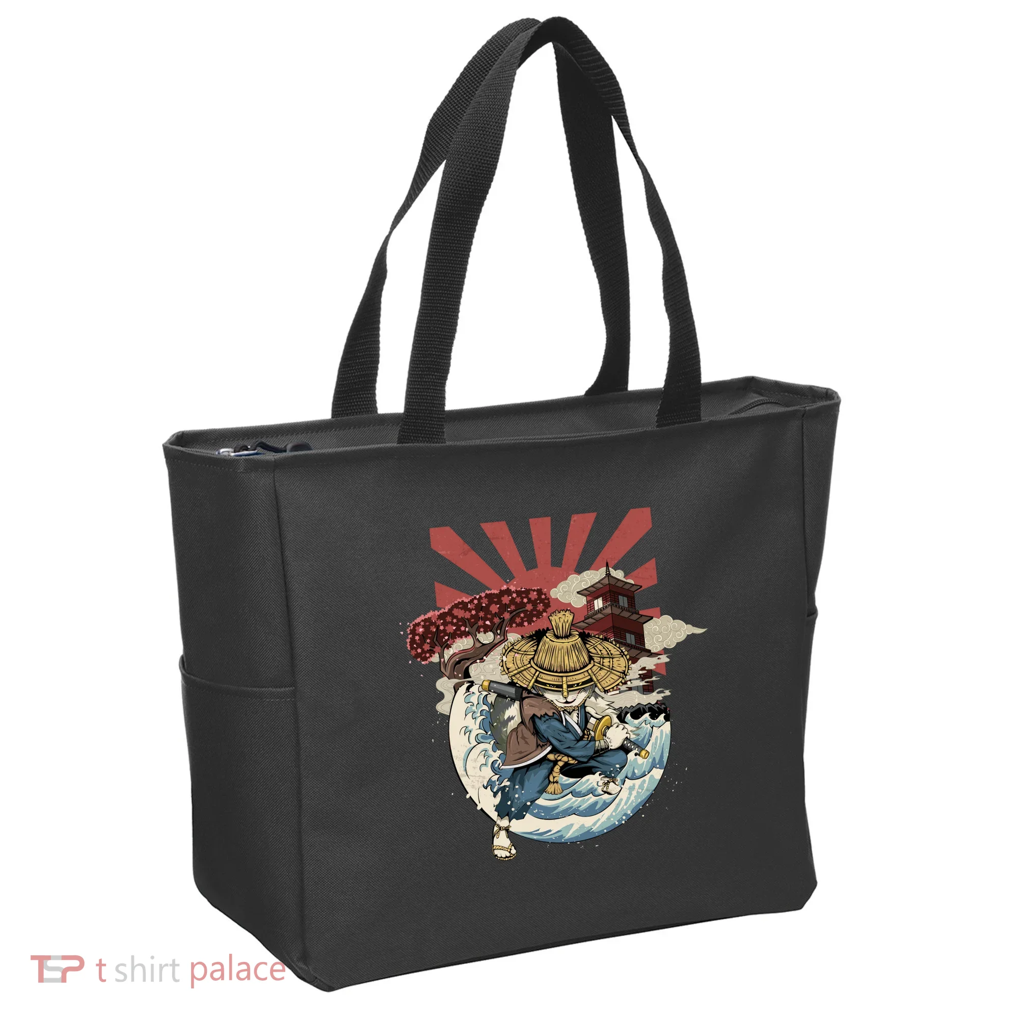 Cool Japanese Samurai Cat Neko Blue Wave Tote Bag