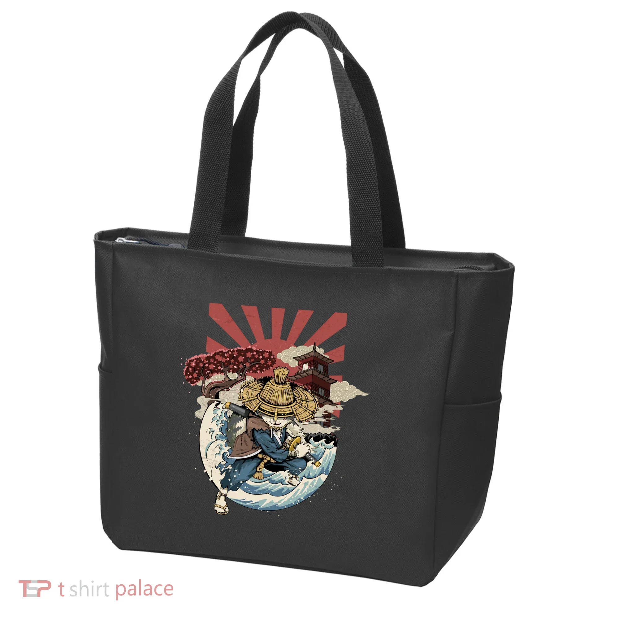 Cool Japanese Samurai Cat Neko Blue Wave Tote Bag