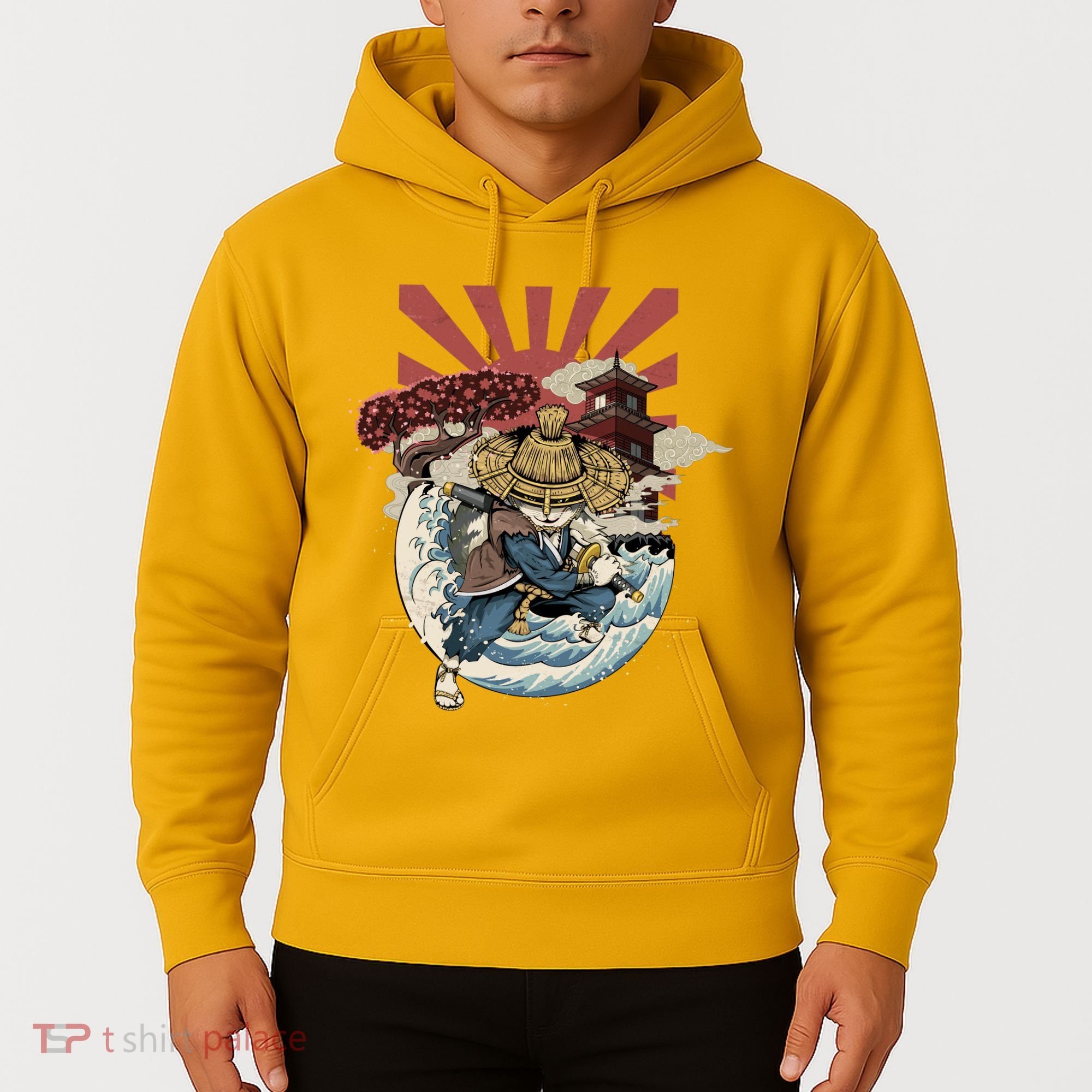 Cool Japanese Samurai Cat Neko Blue Wave Hoodie
