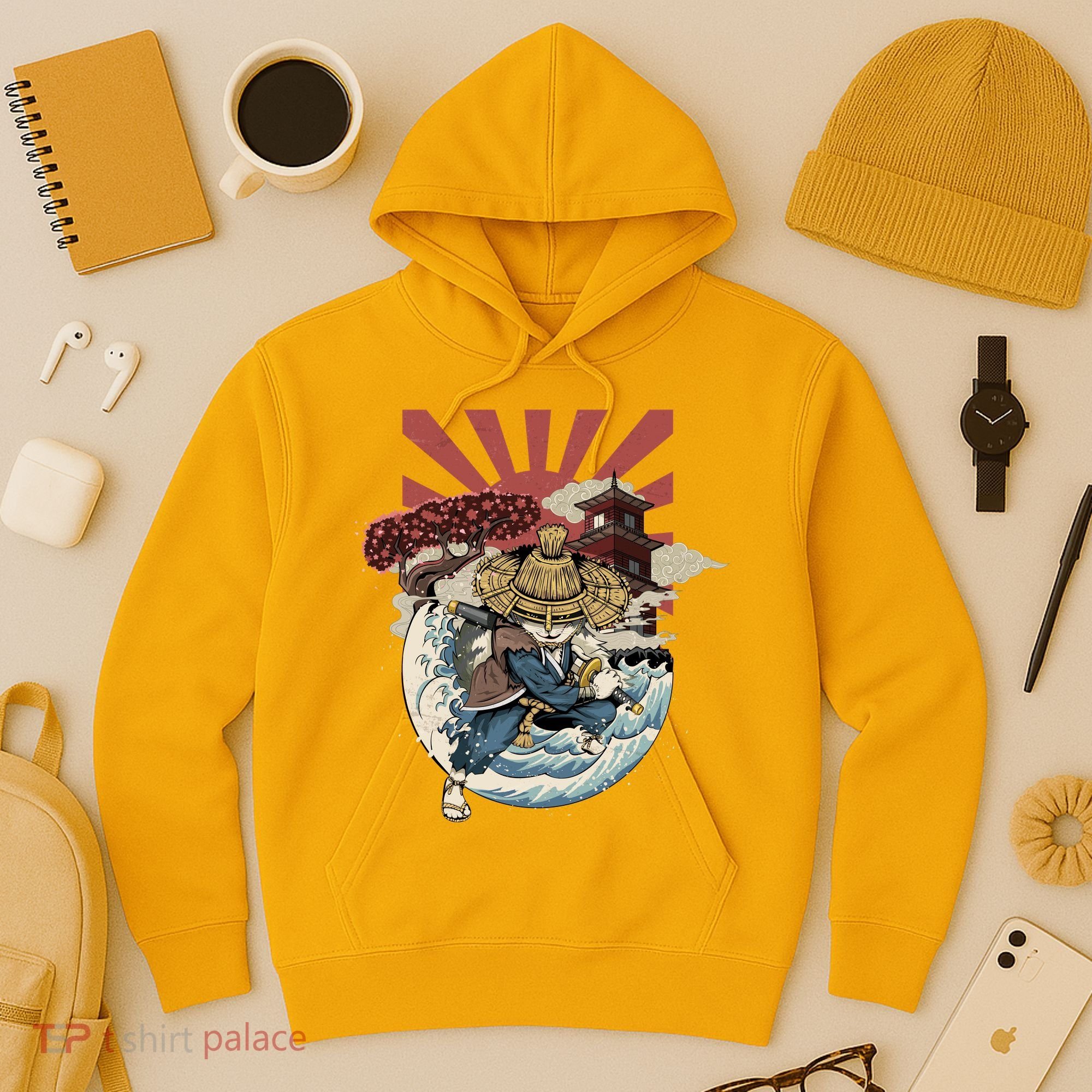 Cool Japanese Samurai Cat Neko Blue Wave Hoodie