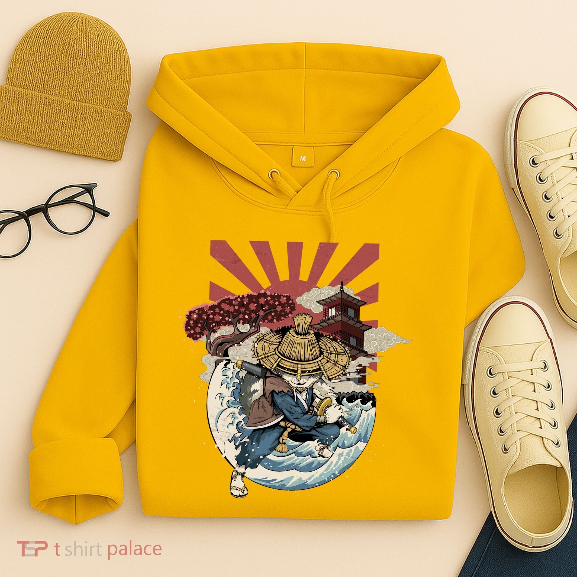 Cool Japanese Samurai Cat Neko Blue Wave Hoodie