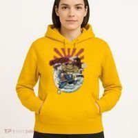 Cool Japanese Samurai Cat Neko Blue Wave Hoodie thumb 5