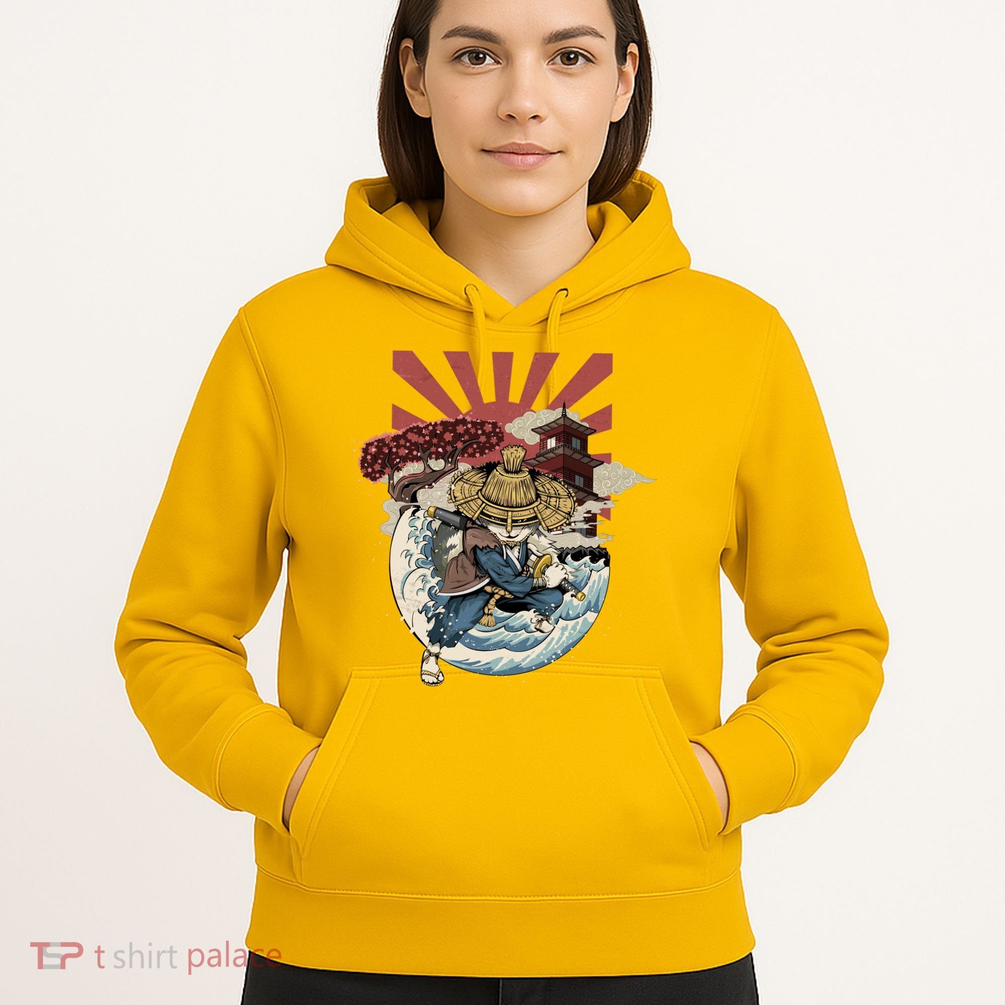 Cool Japanese Samurai Cat Neko Blue Wave Hoodie