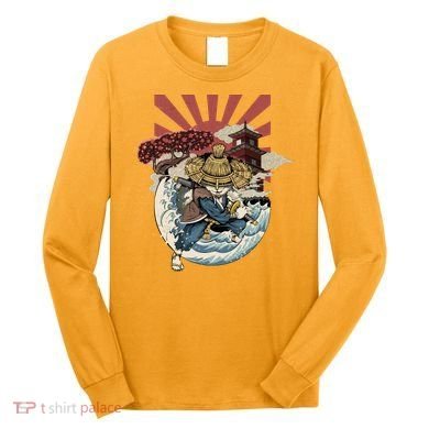 Cool Japanese Samurai Cat Neko Blue Wave Long Sleeve Shirt