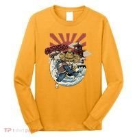 Cool Japanese Samurai Cat Neko Blue Wave Long Sleeve Shirt thumb 0