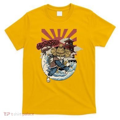 Cool Japanese Samurai Cat Neko Blue Wave T-Shirt