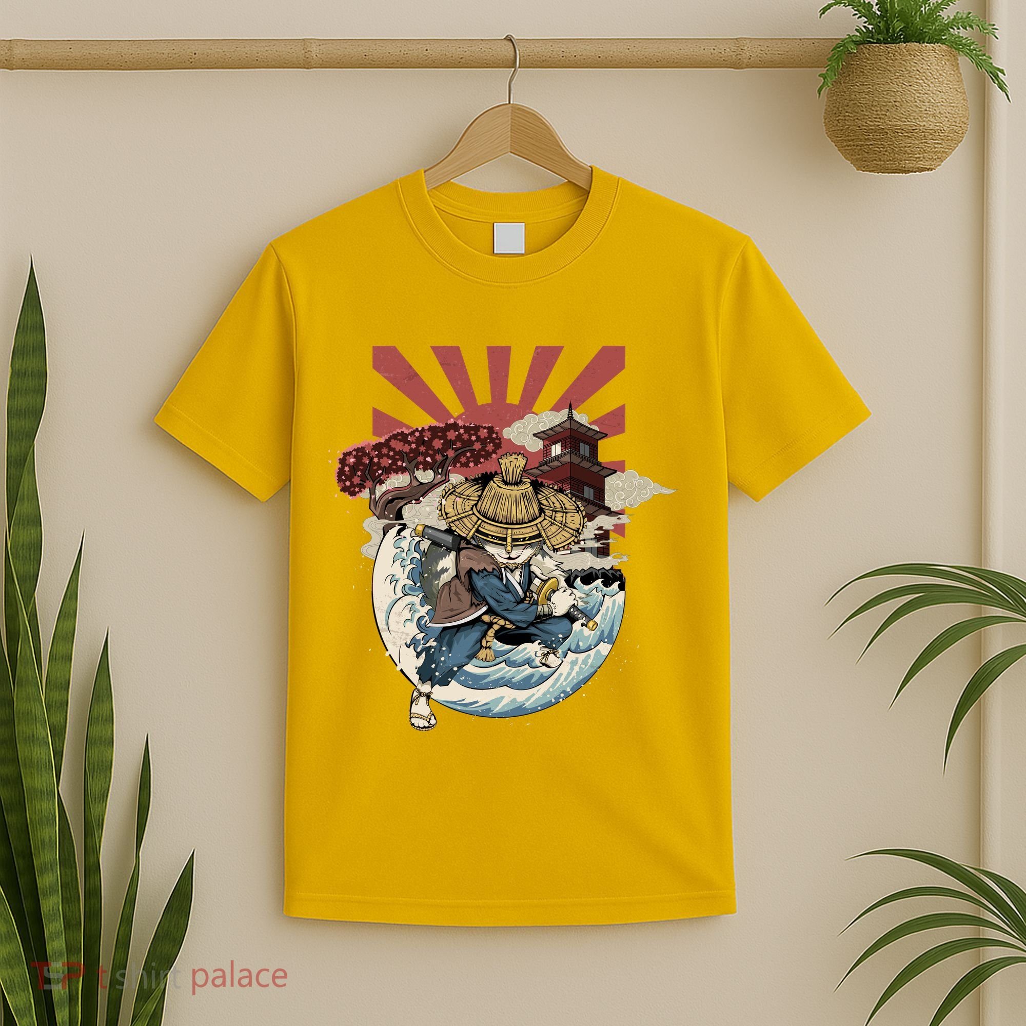 Cool Japanese Samurai Cat Neko Blue Wave T-Shirt