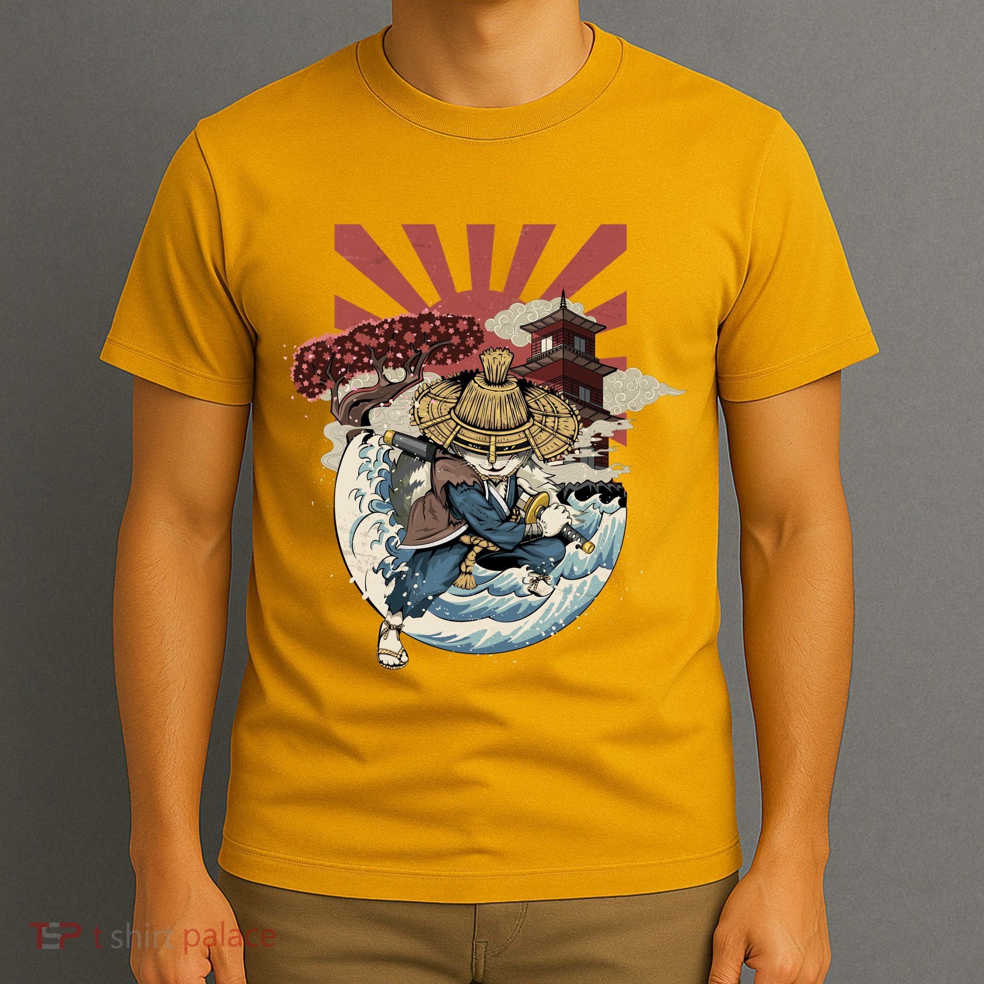 Cool Japanese Samurai Cat Neko Blue Wave T-Shirt