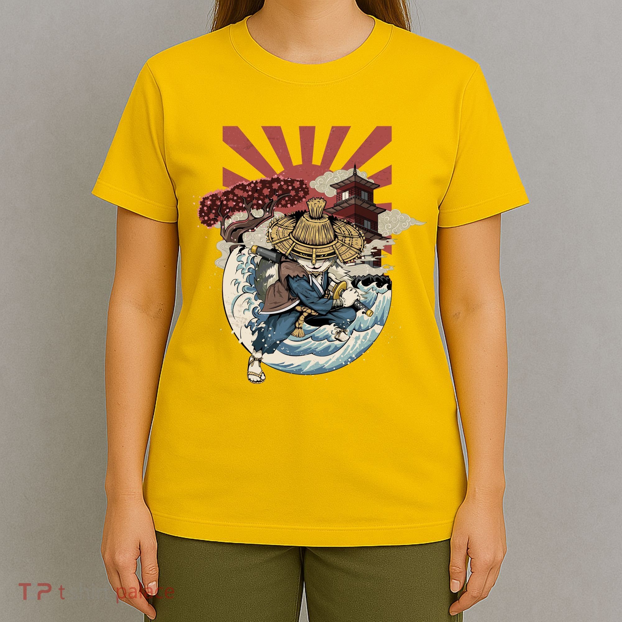 Cool Japanese Samurai Cat Neko Blue Wave T-Shirt