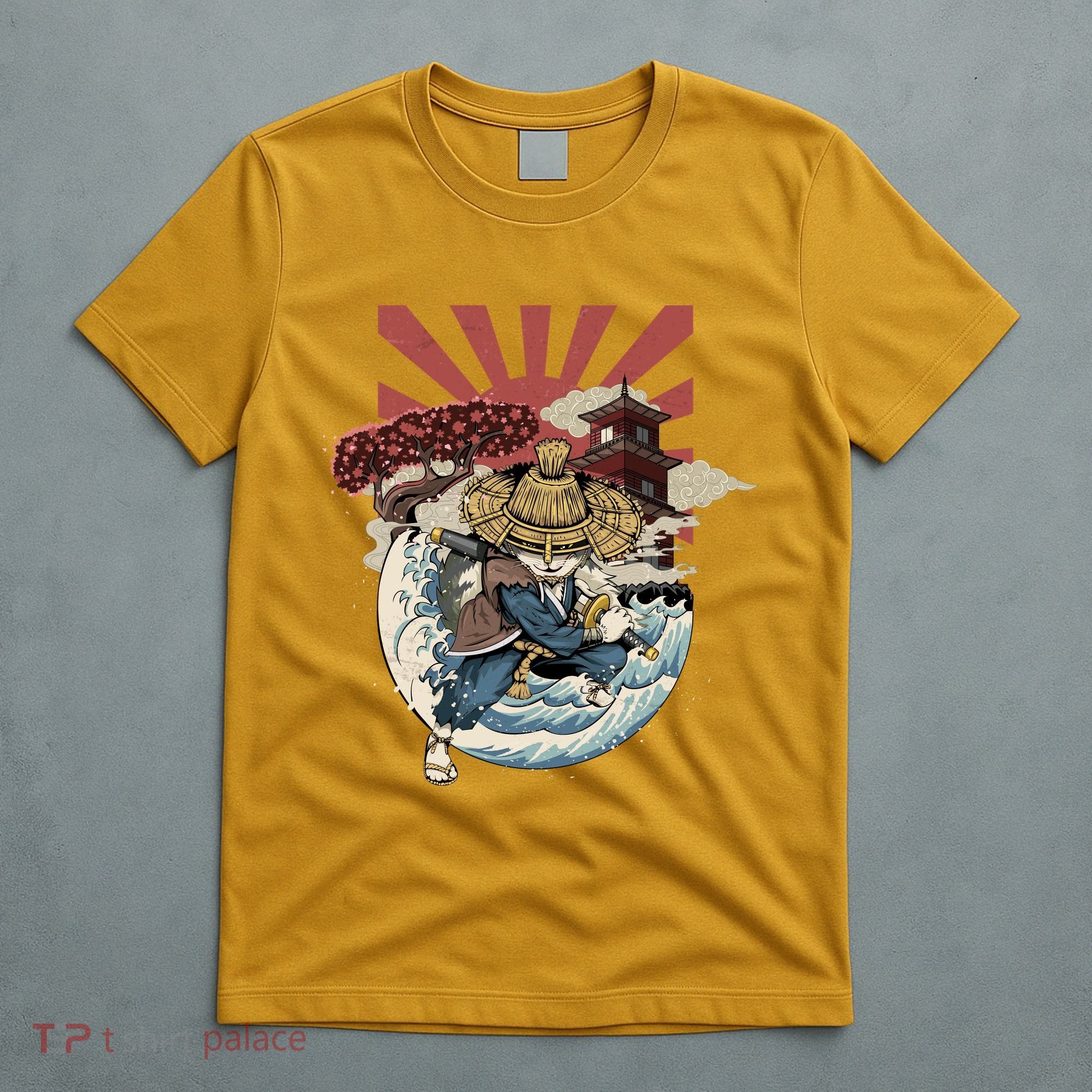 Cool Japanese Samurai Cat Neko Blue Wave T-Shirt