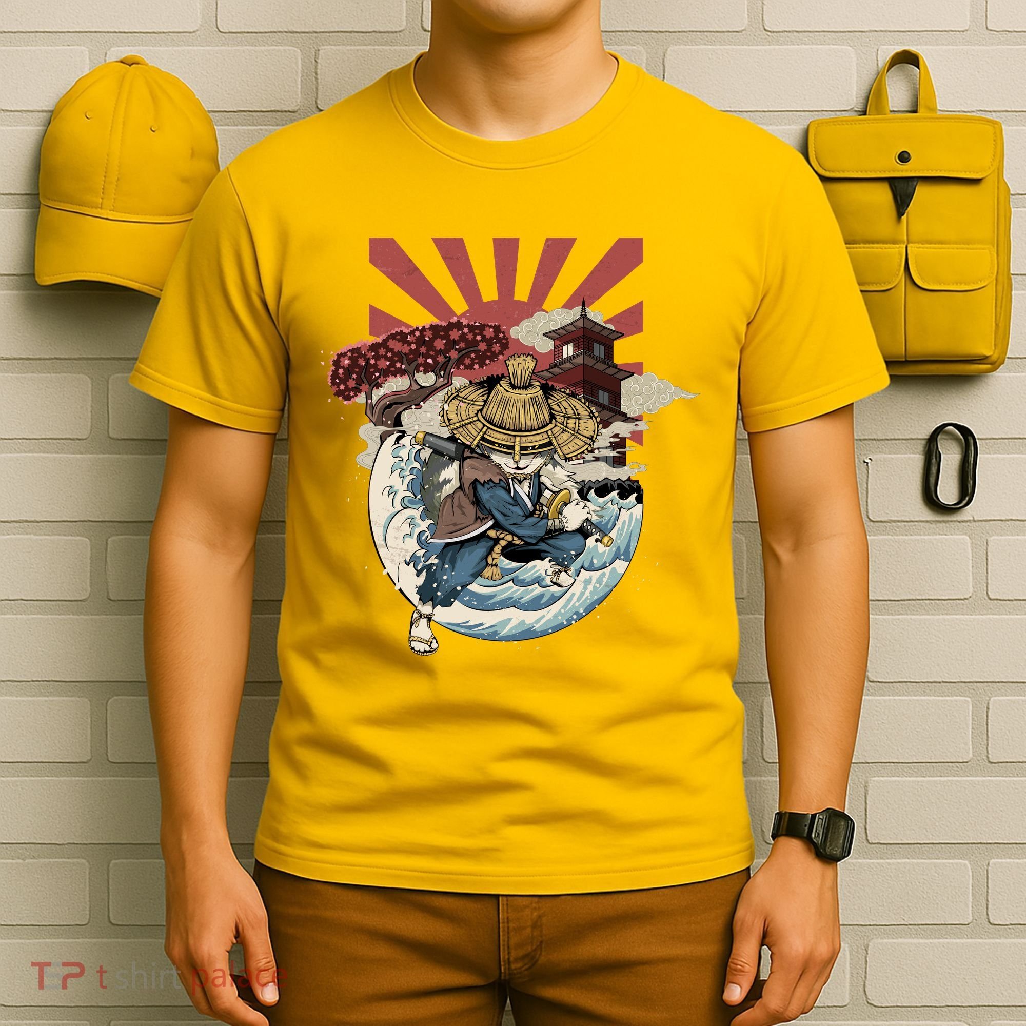 Cool Japanese Samurai Cat Neko Blue Wave T-Shirt