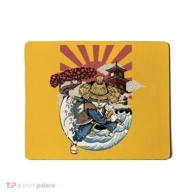 Cool Japanese Samurai Cat Neko Blue Wave Mousepad
