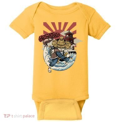 Cool Japanese Samurai Cat Neko Blue Wave Baby Bodysuit