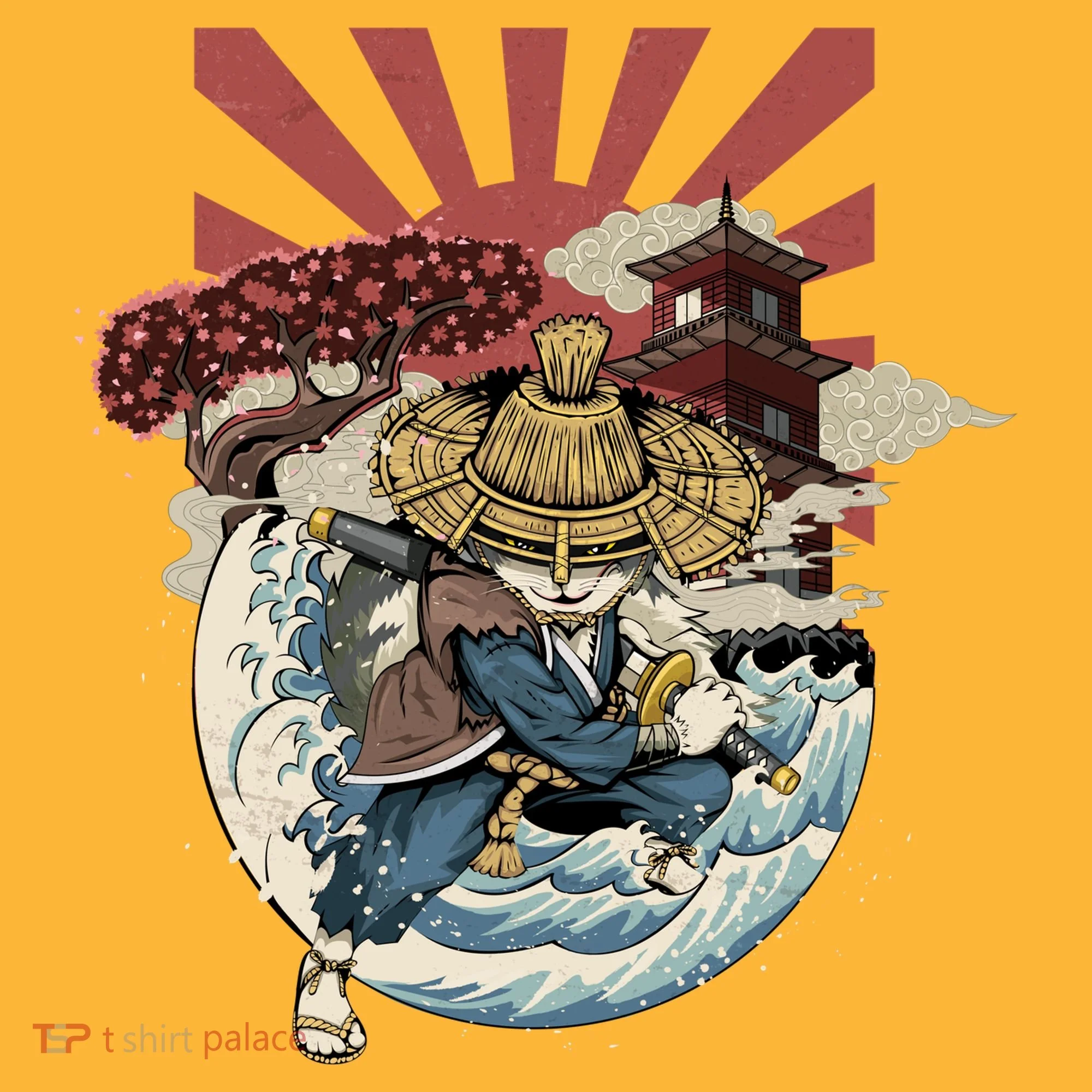Cool Japanese Samurai Cat Neko Blue Wave Hat