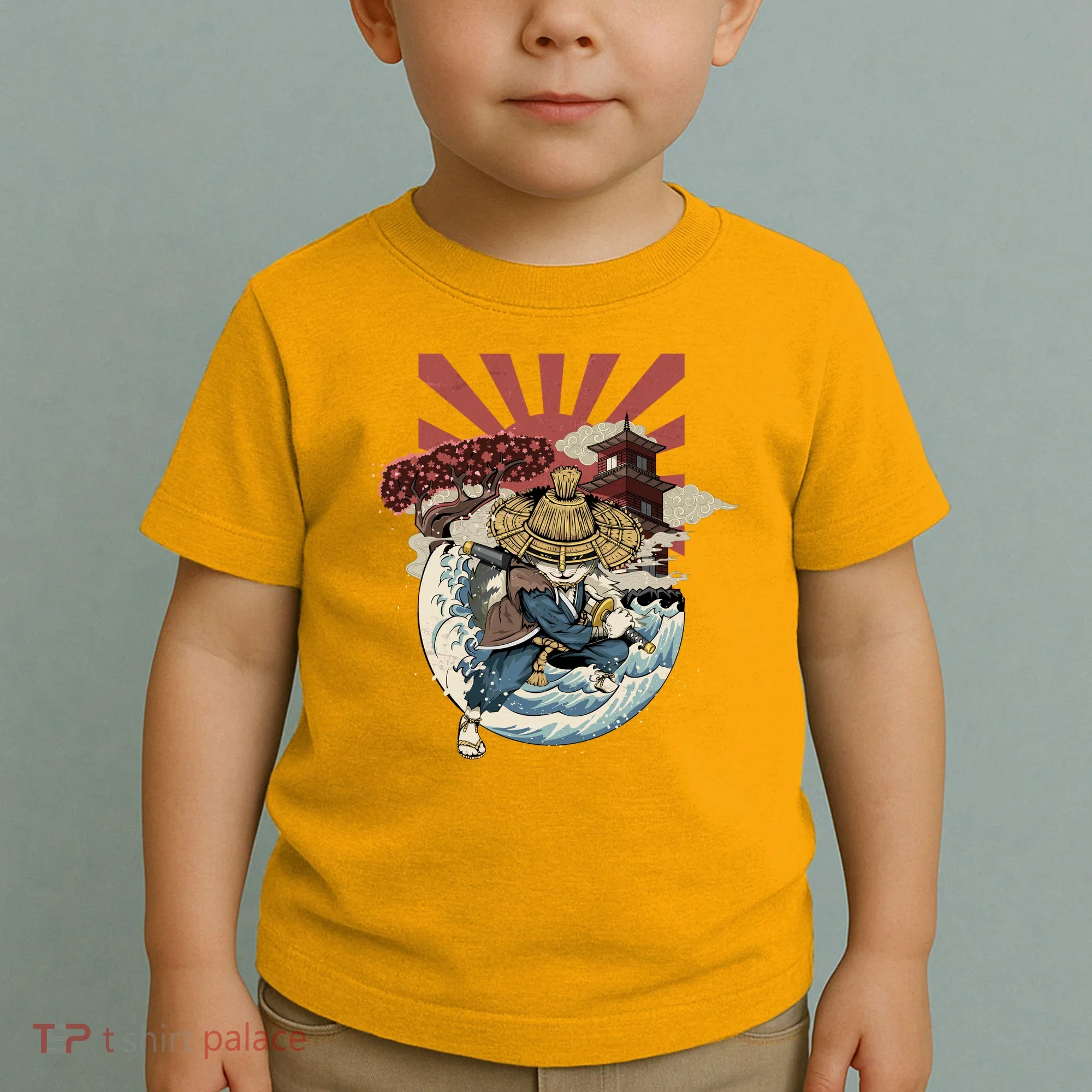 Cool Japanese Samurai Cat Neko Blue Wave Toddler T-Shirt