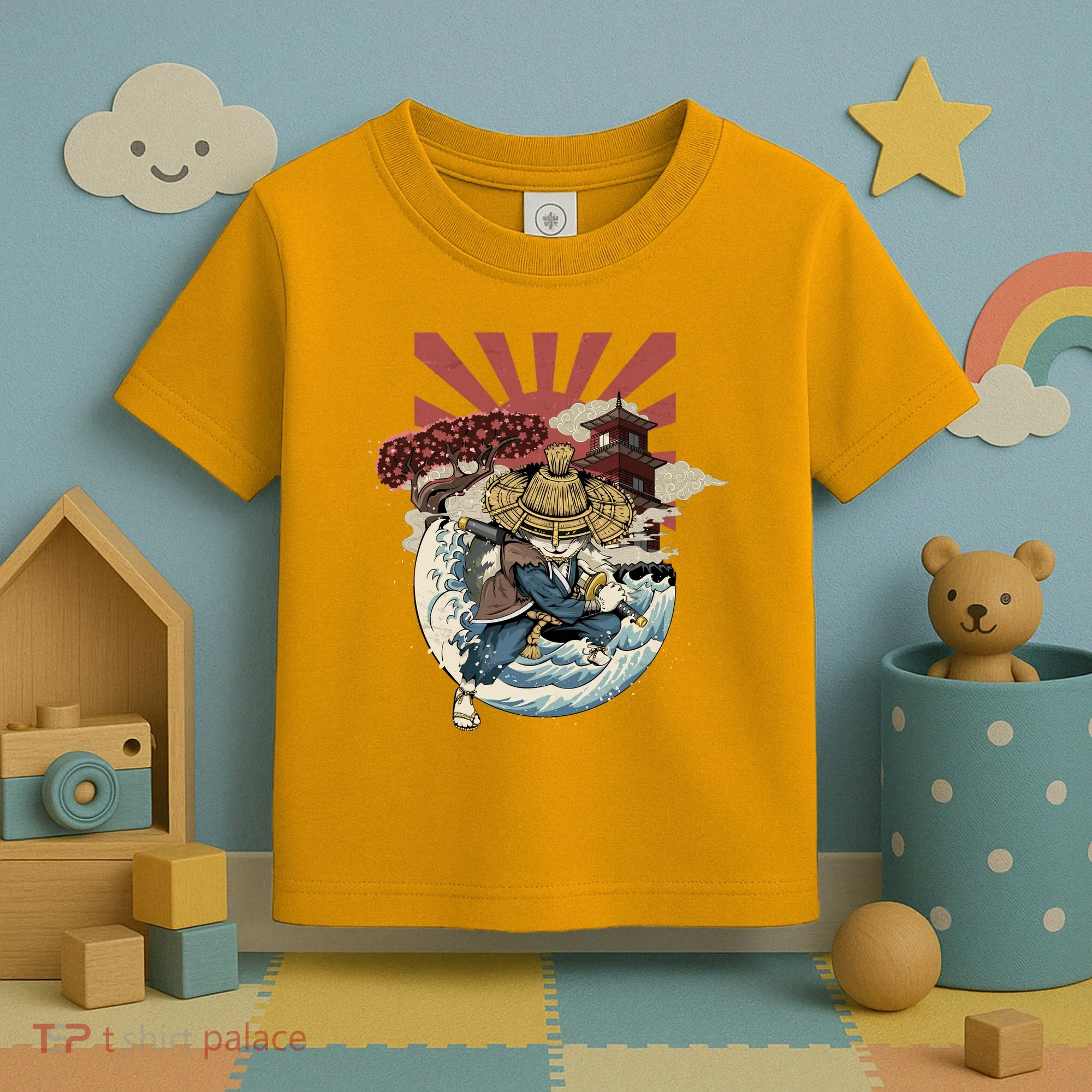 Cool Japanese Samurai Cat Neko Blue Wave Toddler T-Shirt