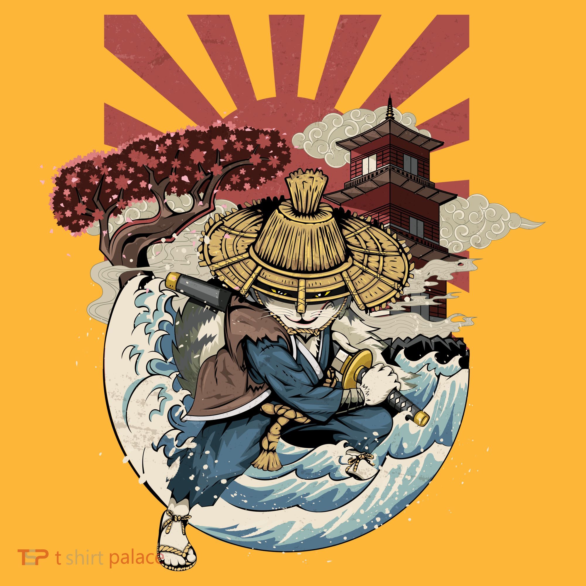 Cool Japanese Samurai Cat Neko Blue Wave Toddler T-Shirt