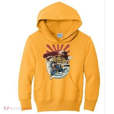 Cool Japanese Samurai Cat Neko Blue Wave Kids Hoodie