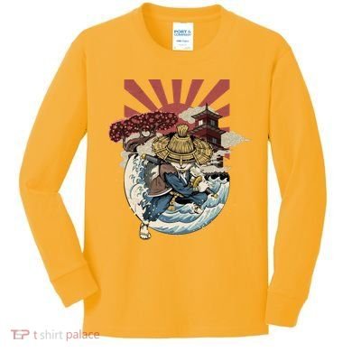 Cool Japanese Samurai Cat Neko Blue Wave Kids Long Sleeve Shirt