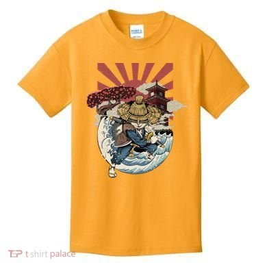 Cool Japanese Samurai Cat Neko Blue Wave Kids T-Shirt