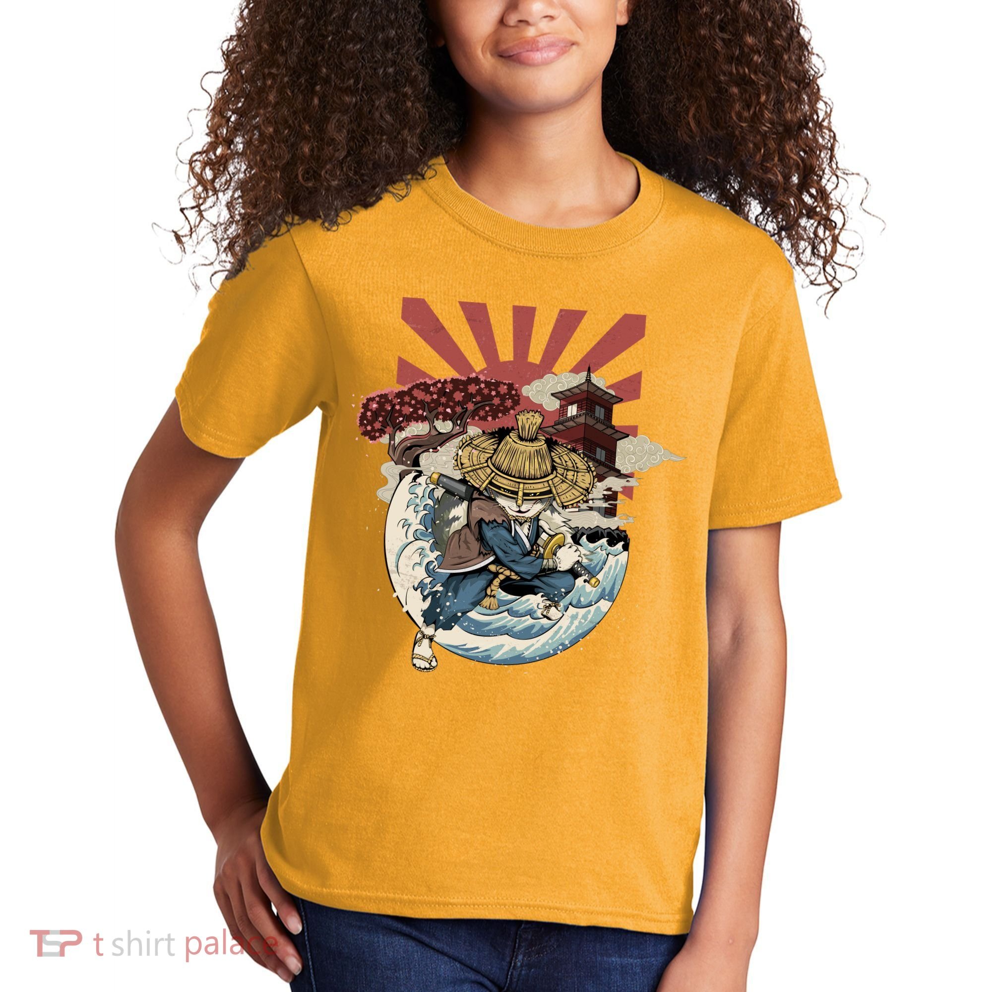 Cool Japanese Samurai Cat Neko Blue Wave Kids T-Shirt