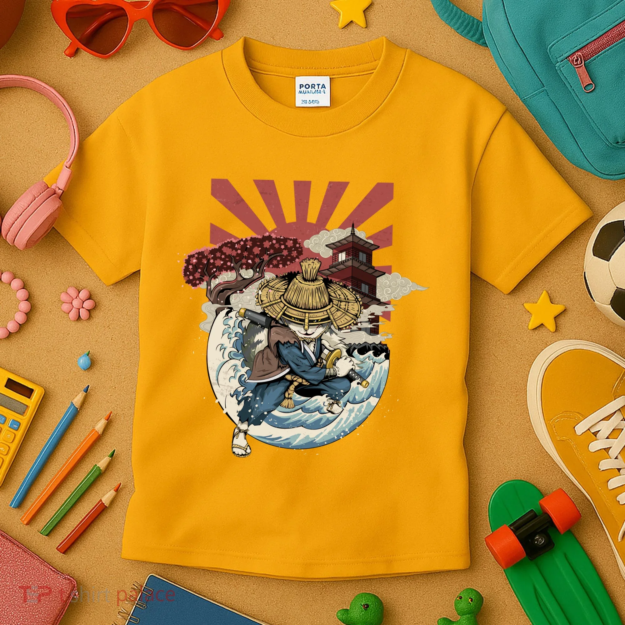 Cool Japanese Samurai Cat Neko Blue Wave Kids T-Shirt