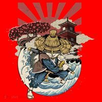 Cool Japanese Samurai Cat Neko Blue Wave Santa Hat thumb 1