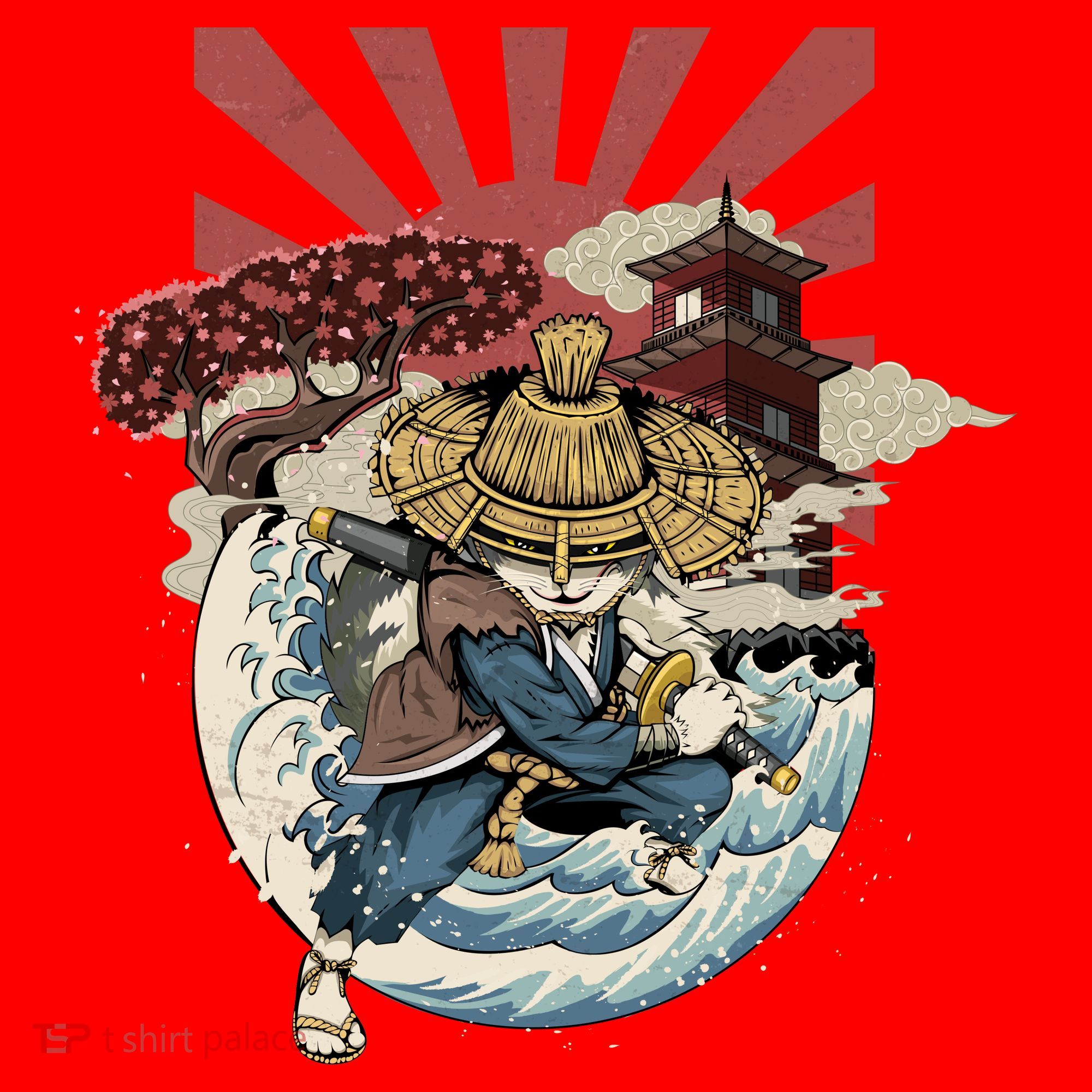 Cool Japanese Samurai Cat Neko Blue Wave Santa Hat