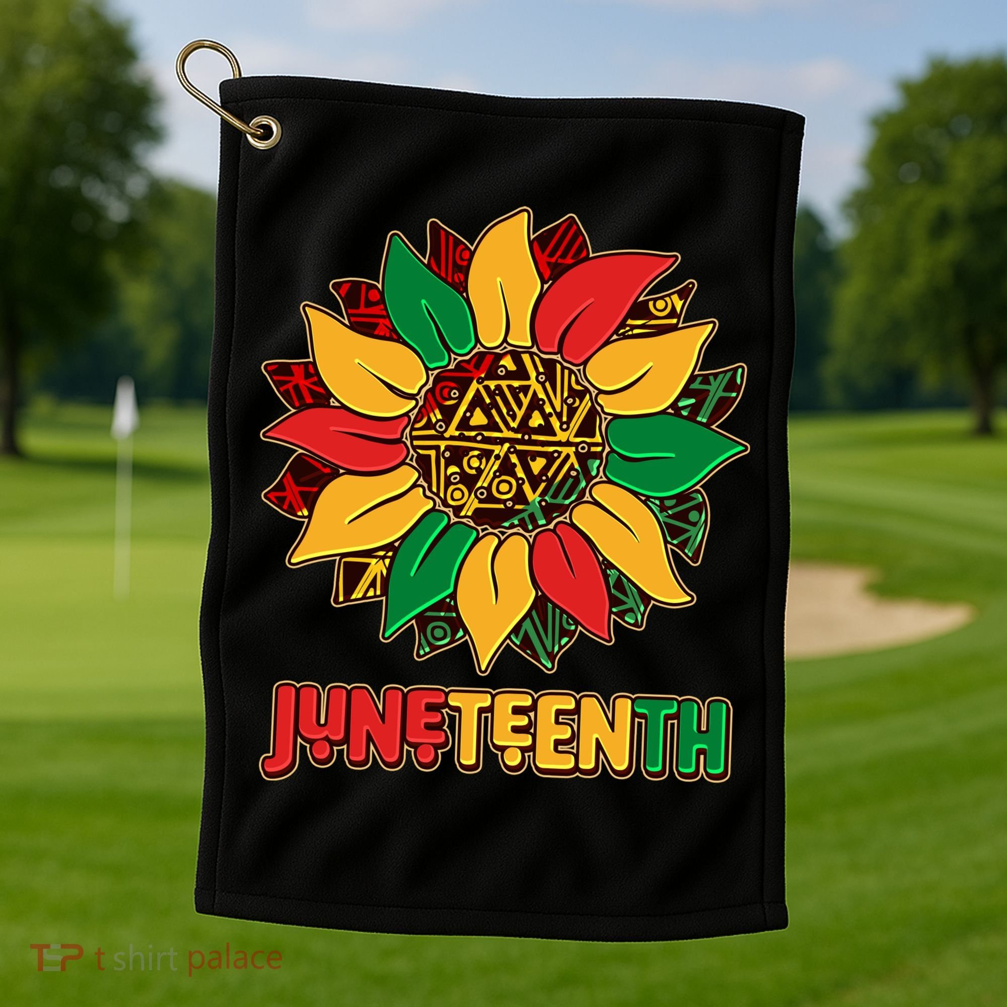 Celebrate Juneteenth Traditional African Pattern Sunflower Golf Towel