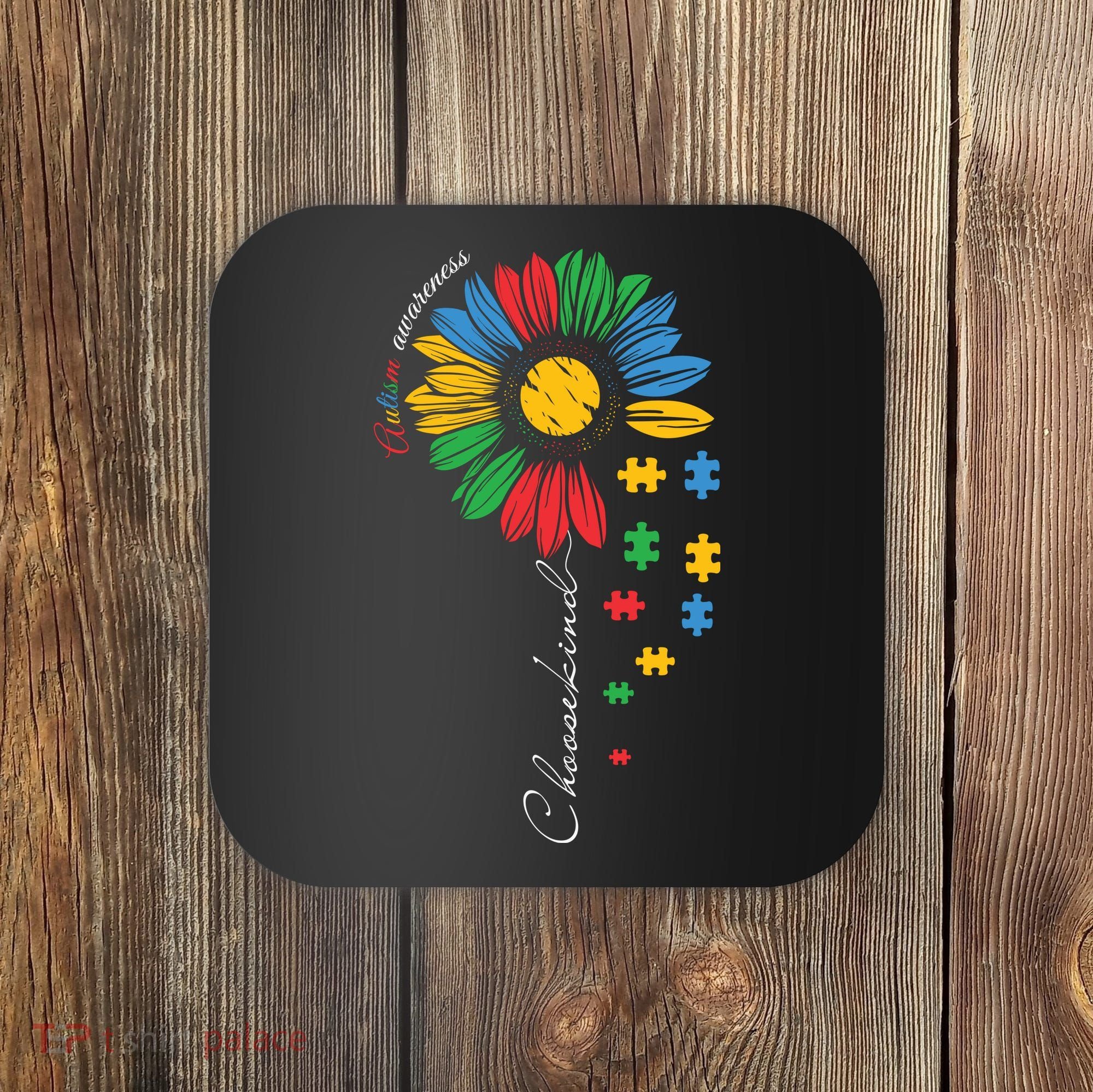Choose Kind Autism Awareness Sunflower Puzzle Gift Coaster