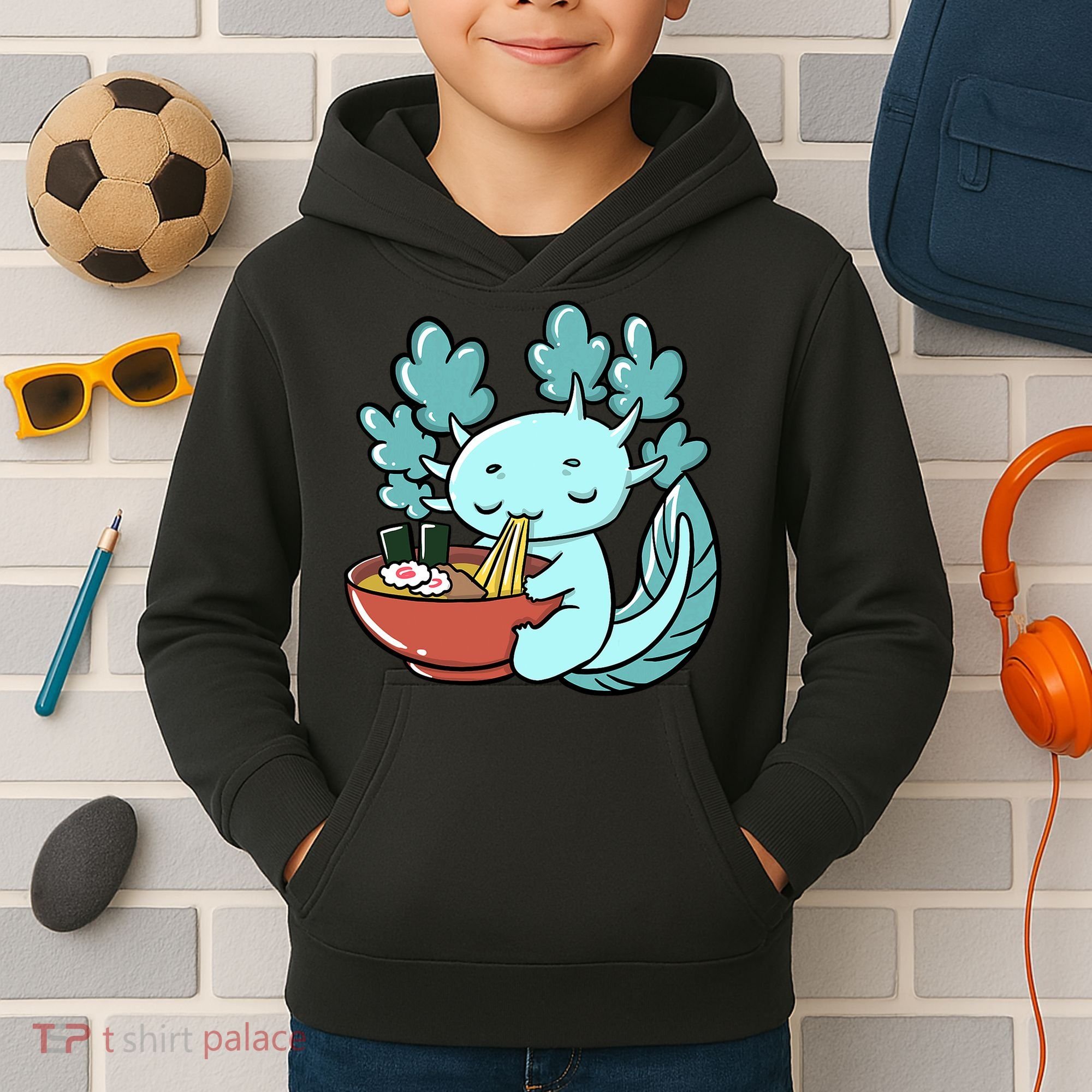 Cute Kawaii Anime Axolotl Japanese Ramen Noodles Kids Hoodie