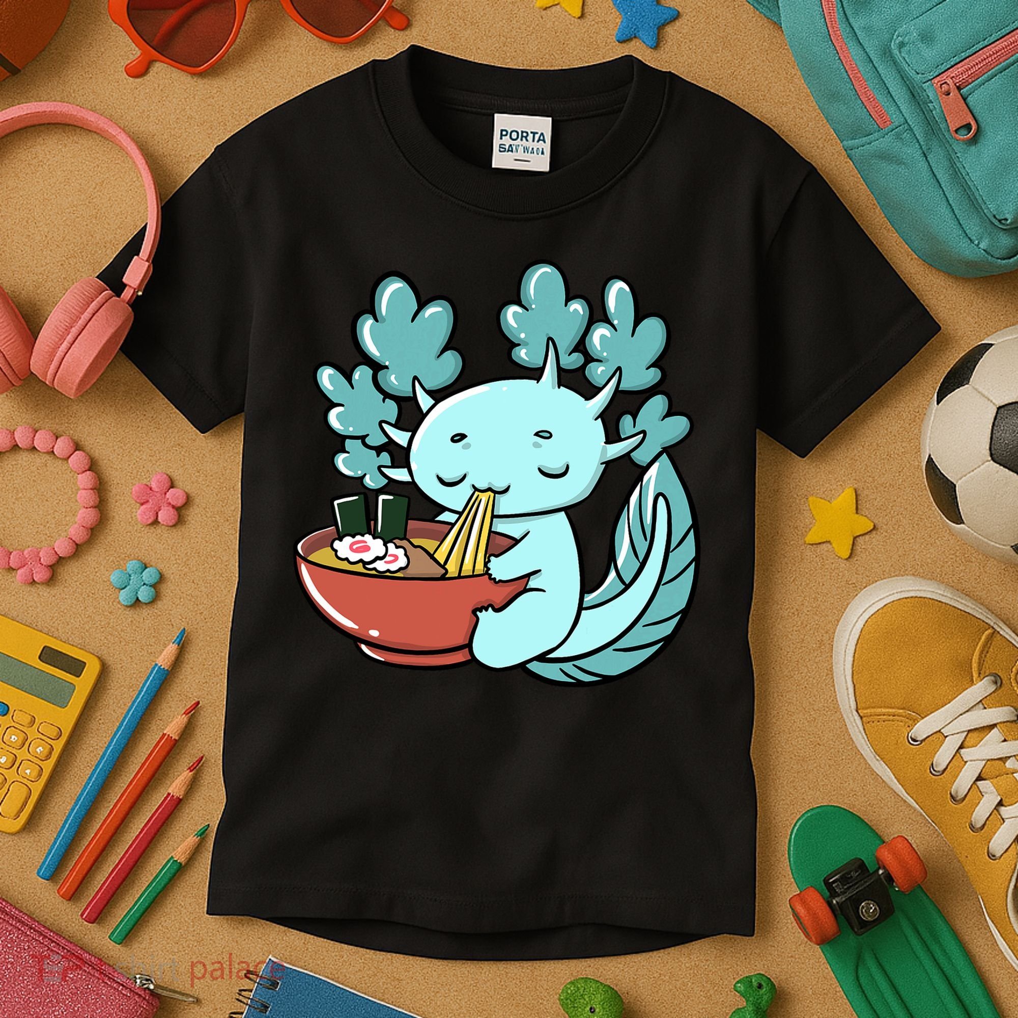 Cute Kawaii Anime Axolotl Japanese Ramen Noodles Kids T-Shirt