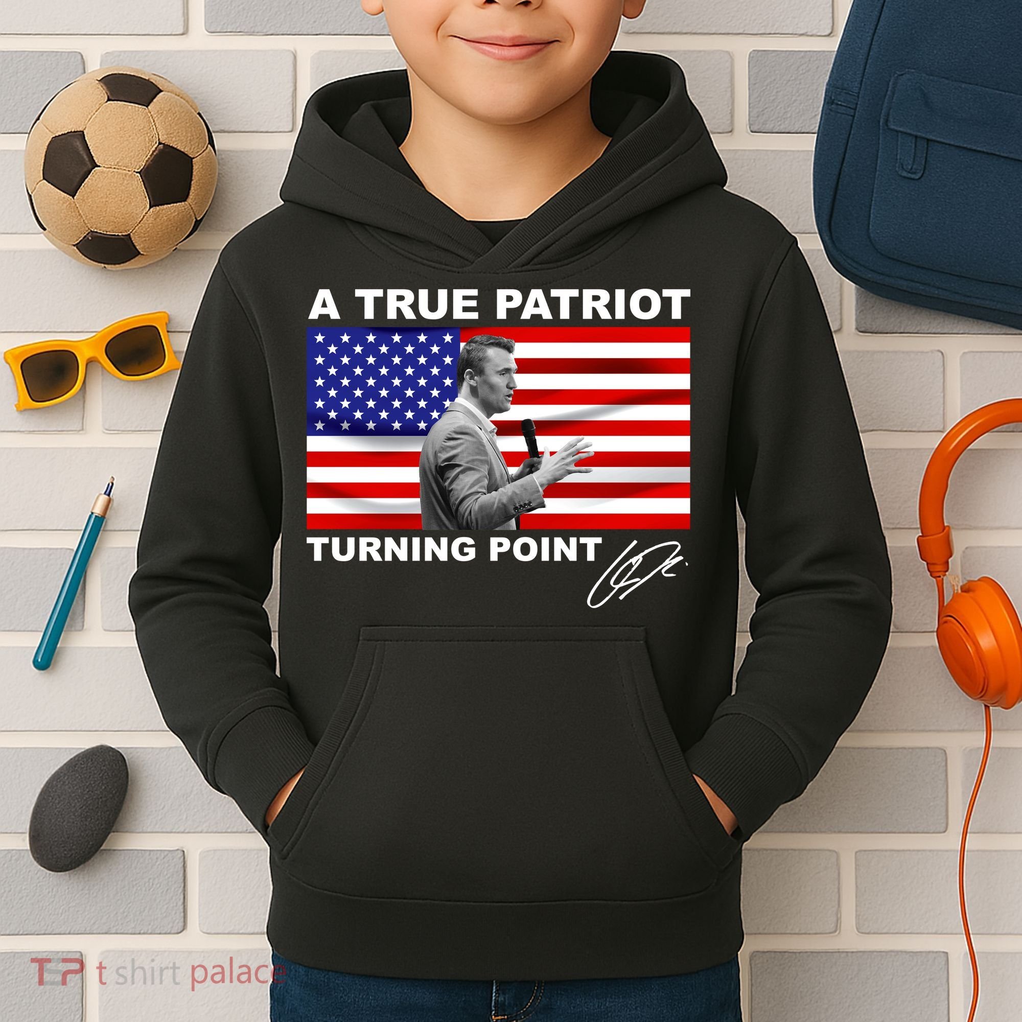 Charlie Kirk A True Patriot Turning Point Kids Hoodie