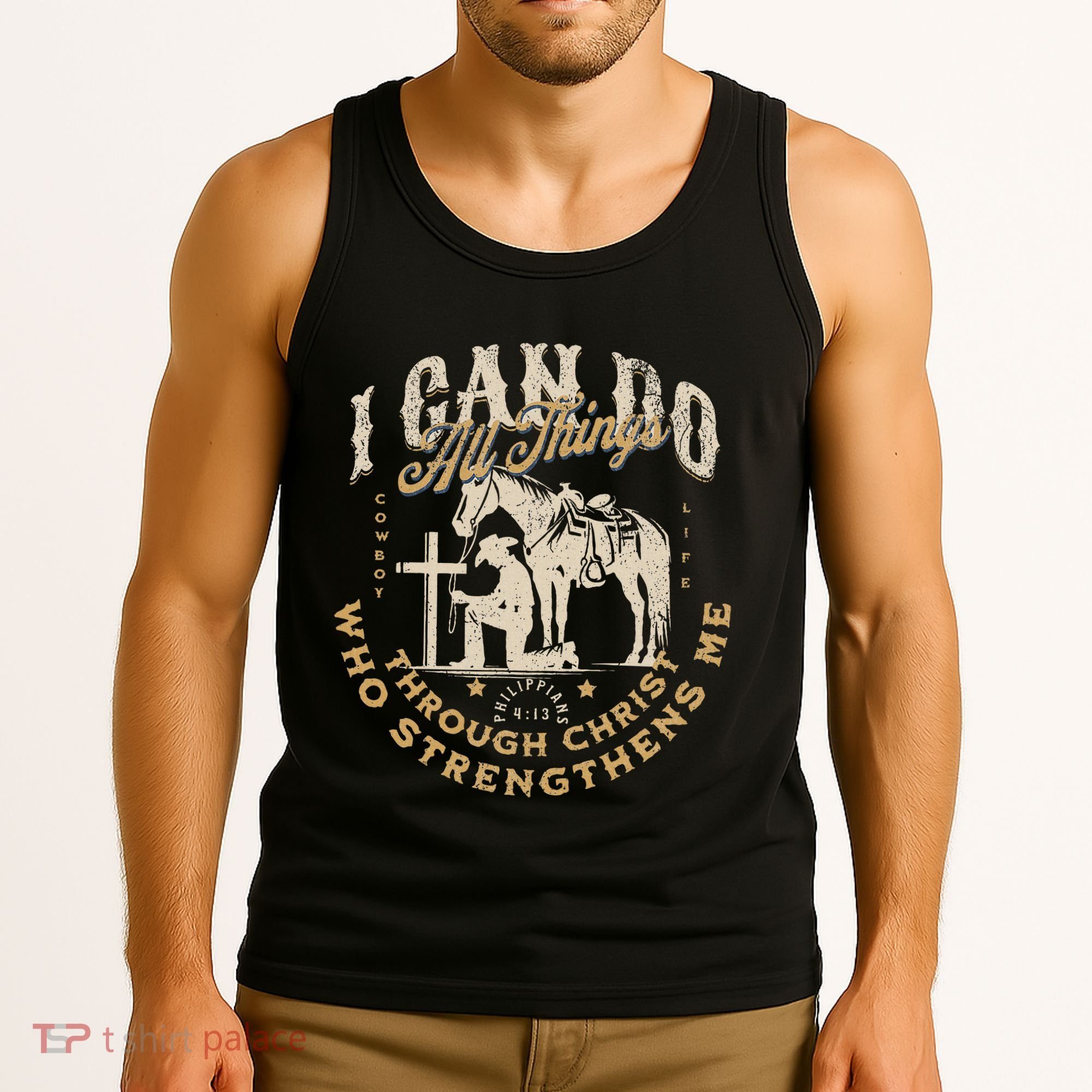 Cowboy Kneeling Cross Scripture Western Bible Verse Jesus Tank Top