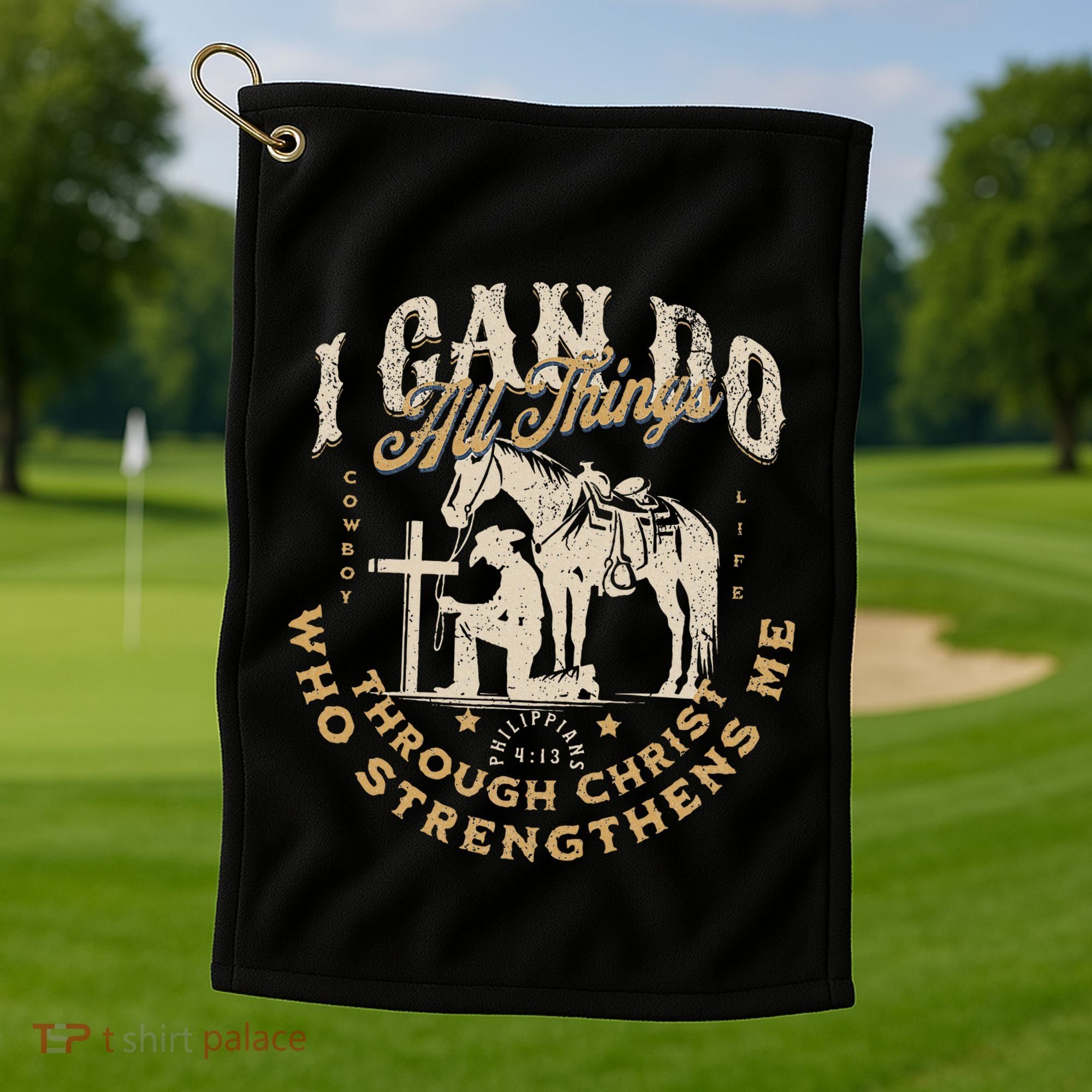 Cowboy Kneeling Cross Scripture Western Bible Verse Jesus Golf Towel