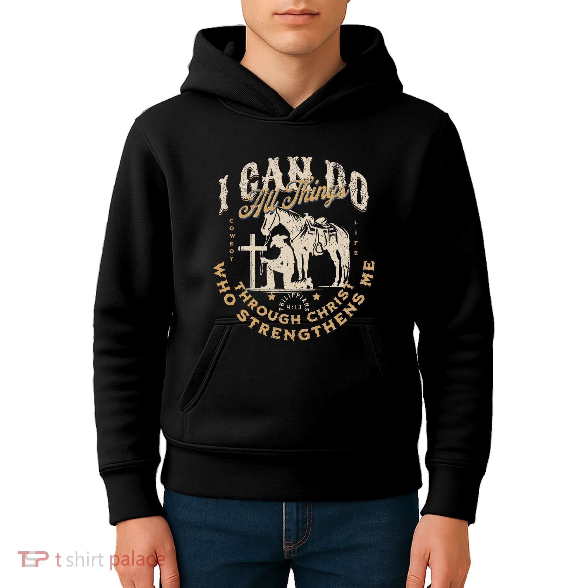 Cowboy Kneeling Cross Scripture Western Bible Verse Jesus Kids Hoodie