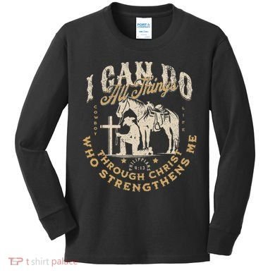 Cowboy Kneeling Cross Scripture Western Bible Verse Jesus Kids Long Sleeve Shirt