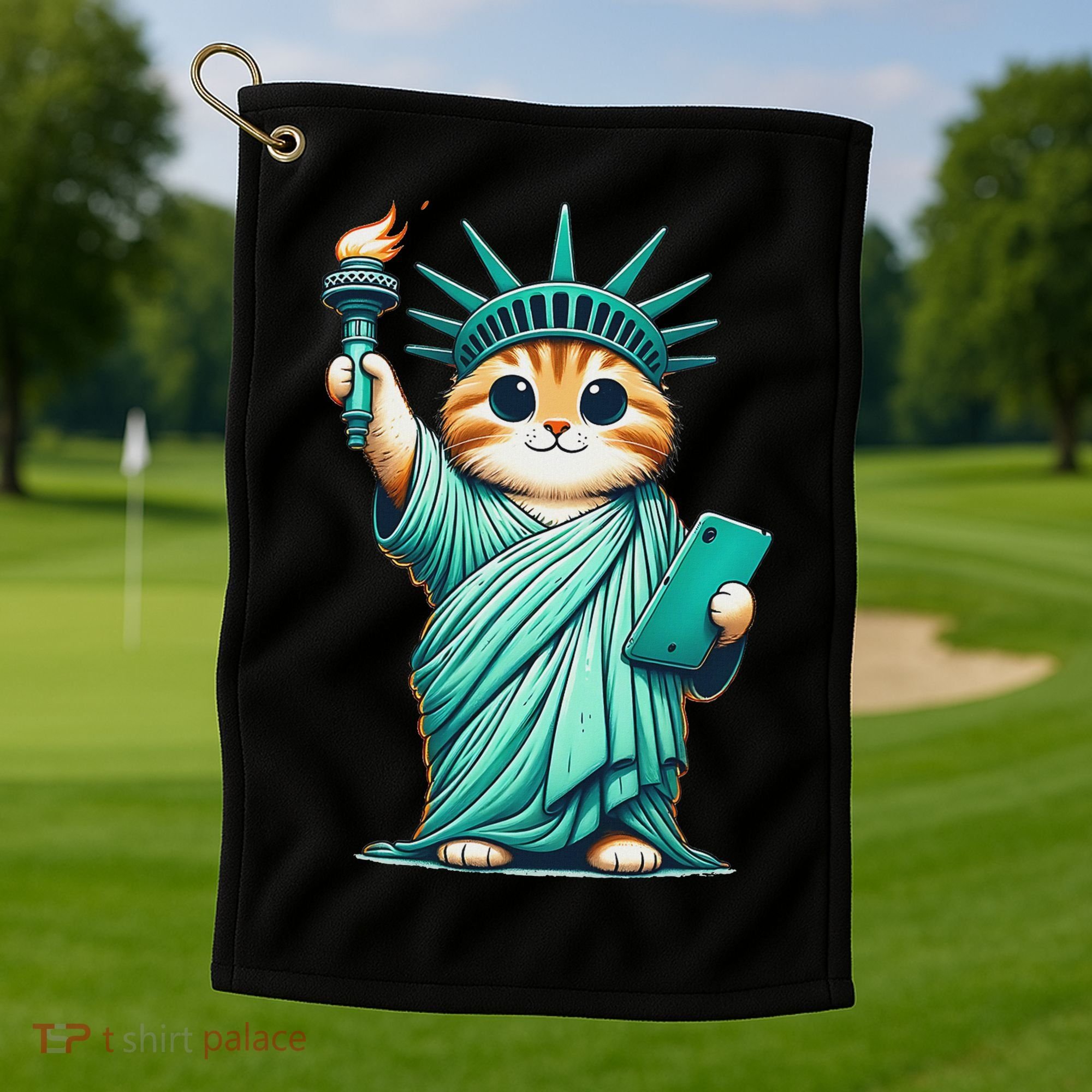 Cute Kawaii Cat Statue Of Liberty Nyc Golf Towel