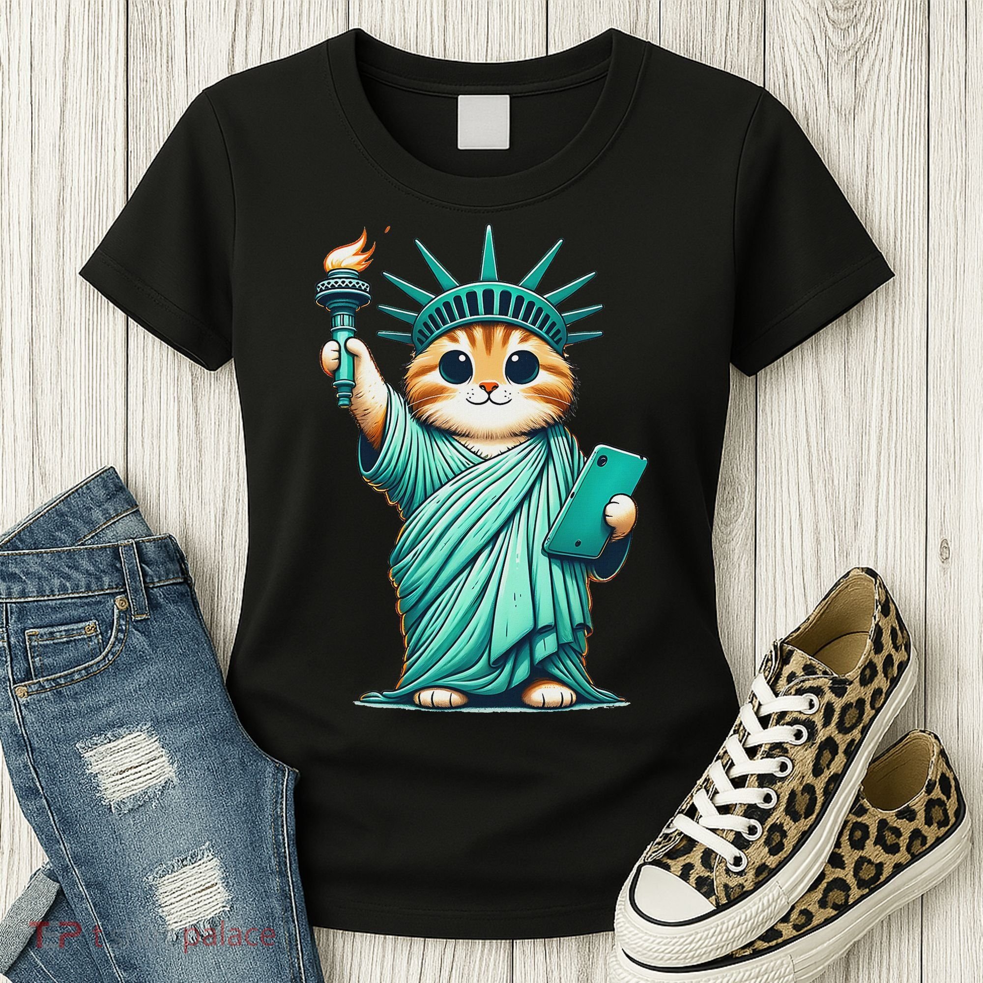 Cute Kawaii Cat Statue Of Liberty Nyc Women's T-Shirt