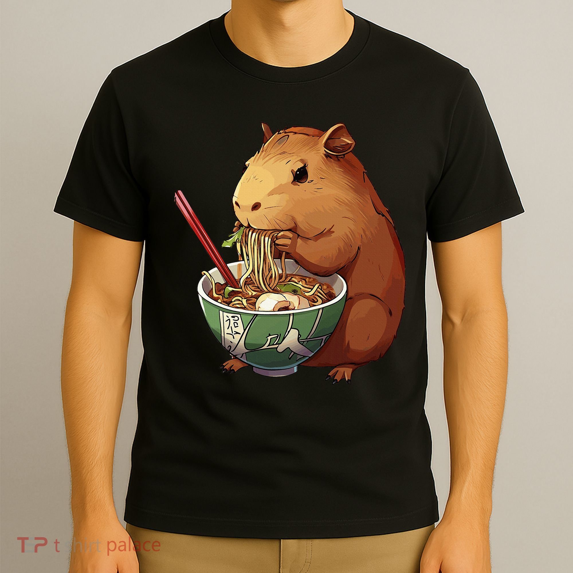 Cute Kawaii Capybara Eating Japanese Ramen Noodles Anime T-Shirt